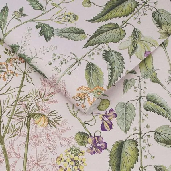 Edulis Blush wallpaper with delicate pressed flowers and green leaves on a soft pink background, shown folded