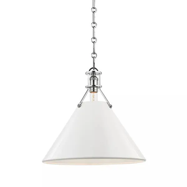 Large pendant with white conical shade and polished metal chain suspension