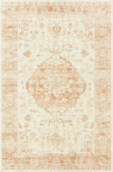 Rosette Ivory / Terracotta rug with vintage style floral medallion design in soft ivory and muted terracotta tones