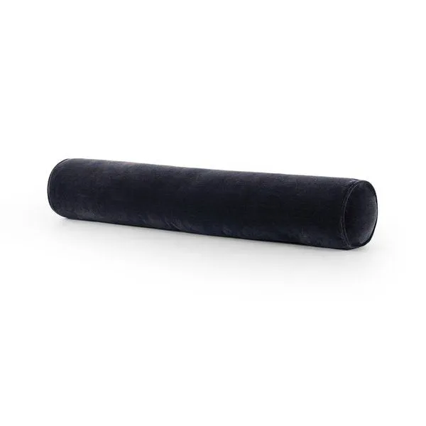 Long navy wool velvet bolster pillow with smooth cylindrical shape and hidden zipper
