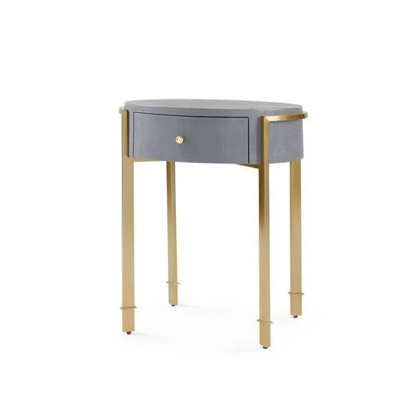 Round Bodrum side table with brushed brass base and textured heavy linen gray lacquered top and drawer
