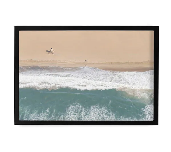 Aerial view of beach and ocean waves in black framed fine art print