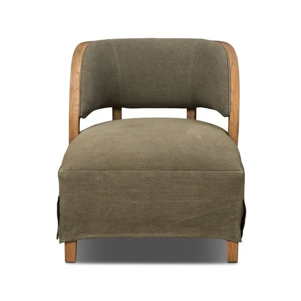 Dreya Chair in soft olive linen-blend upholstery with exposed solid oak frame and slipcovered look