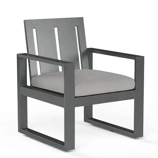 Redondo Dining Chair in powder coated aluminum with wide slat back and hand-brushed Slate finish, gray seat cushion
