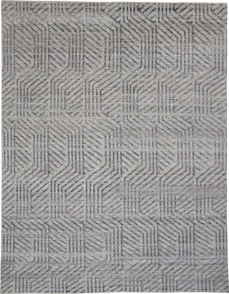 Rectangular hand-knotted gray rug with geometric linear pattern in charcoal and earthy gray.