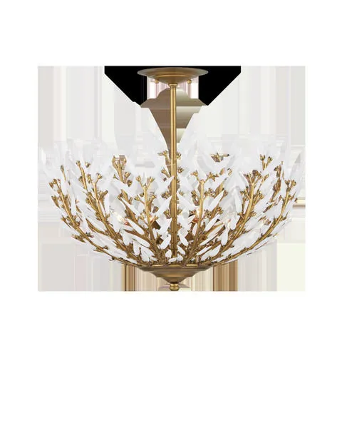 Magnum Opus Semi-Flush Mount ceiling light with over 300 white glass leaves on gold metal stems in a bowl shape