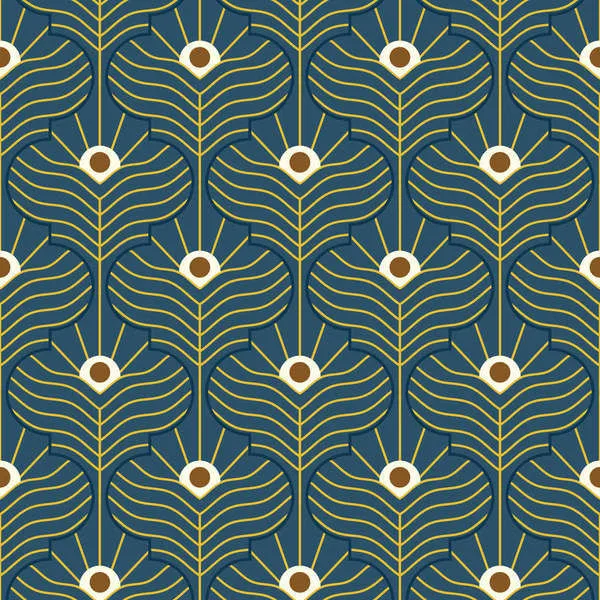 Marine blue Moroccan peacock pattern wallpaper with gold and white accents in a repeating geometric design