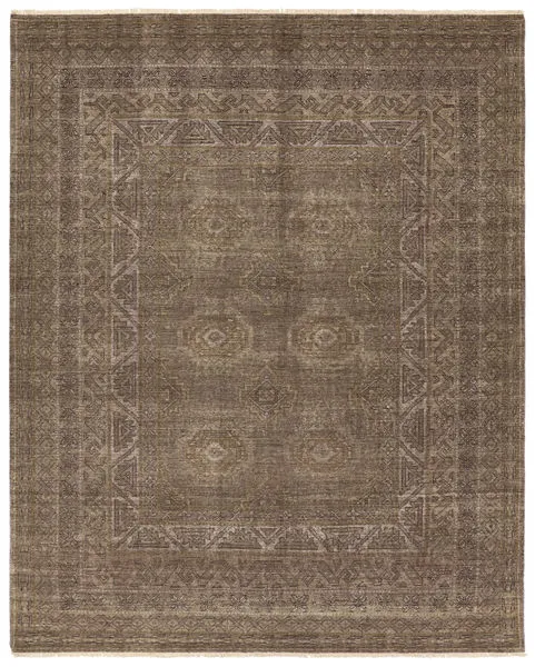 Kortan handknotted tribal rug with distressed mini-medallion motif in brown, cream, and tan hues
