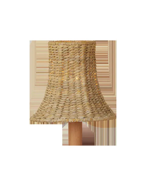 Bell-shaped natural woven chandelier shade with slightly flared bottom edge on wooden base