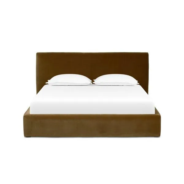 Quincy Bed with plush Surrey Ochre upholstery, generously padded headboard, low-profile frame, and clean modern lines