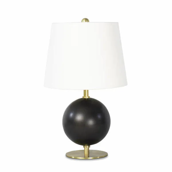 Grant Mini Lamp with spherical blackened metal body, brass base, and tall natural linen shade