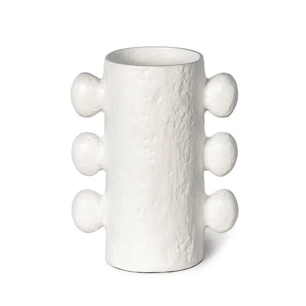 Tall matte white Sanya Metal Vase with six spherical protrusions evenly spaced on cylindrical body