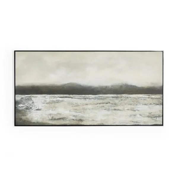 Abstract landscape painting with muted gray, beige, and white tones, framed in black maple floater on matte canvas