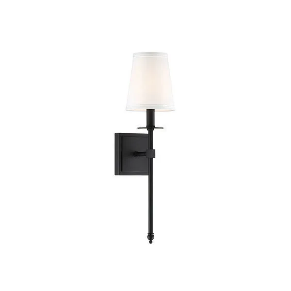 Savoy House Monroe 1-light sconce with bronze finish, long slender arm, and white fabric tapered shade