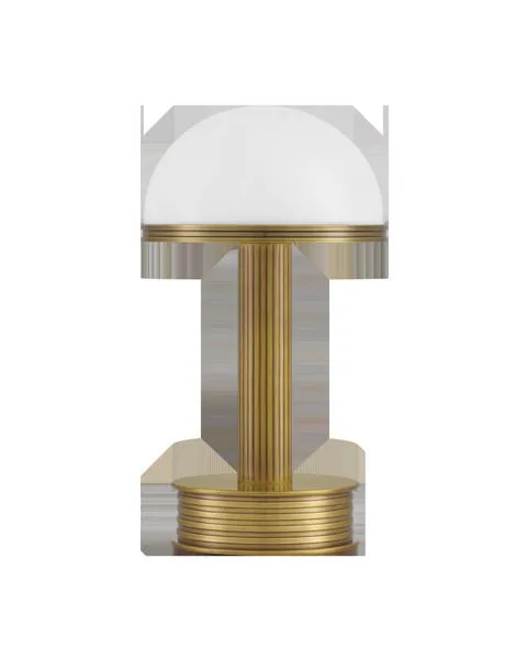 Promenade Brass Cordless Table Lamp, 10 inches high, polished brass base with vertical grooves and glossy white glass dome...