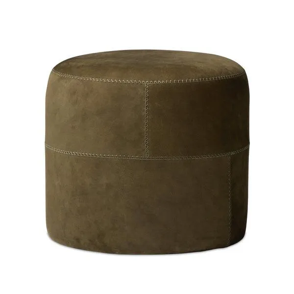 Camino Ottoman in olive top-grain leather with decorative stitch panels and a subtle collaged look