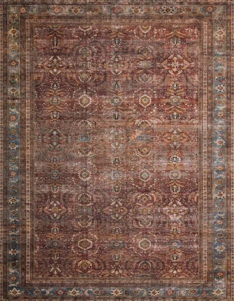 Layla Brick / Blue Rug with traditional vintage style pattern and blue accent border on brick red background