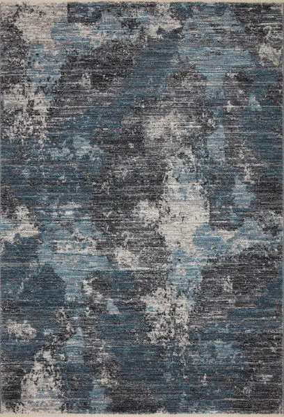 Full overhead view of Samra Dove Sky Rug showing detailed abstract pattern in blue and grey shades