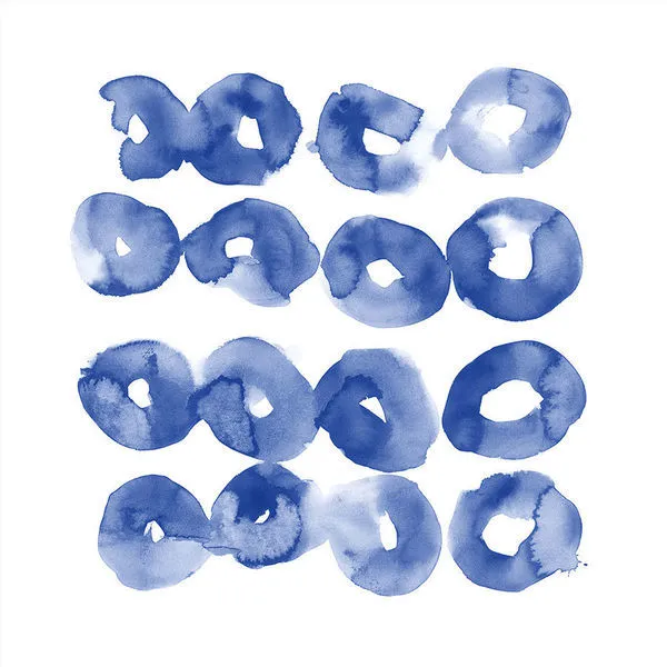 Modern abstract painting with four rows of loosely painted blue circular shapes on a white background