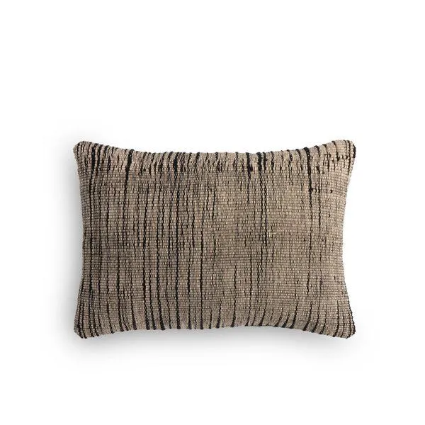 Handwoven rectangular wool pillow with black and natural cotton yarns creating a textured vertical stripe pattern