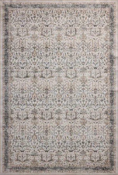 Traditional Anniston Ivory Stone Rug with distressed floral motifs in ivory, stone, and muted blue tones