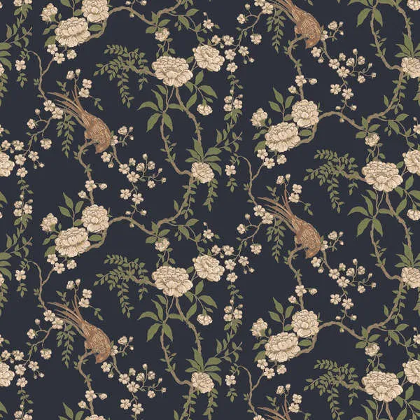 dark Shadow hue wallpaper with a timeless pattern of birds, white flowers, and green leafy branches