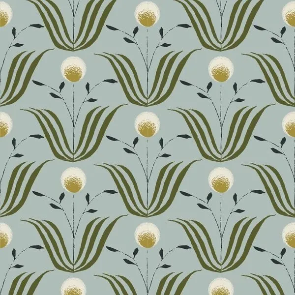 ash blue wallpaper with large stylized green leaves and circular cream and tan floral motifs in repeating pattern