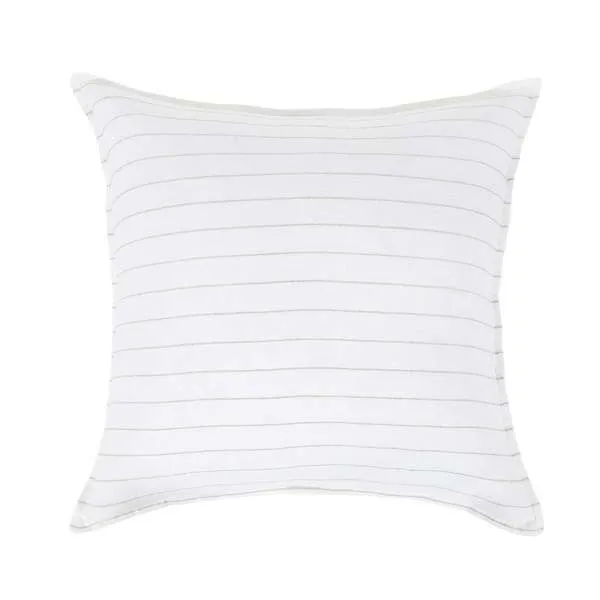 Square white linen pillow with subtle horizontal natural-colored stripes from Blake Linen Collection