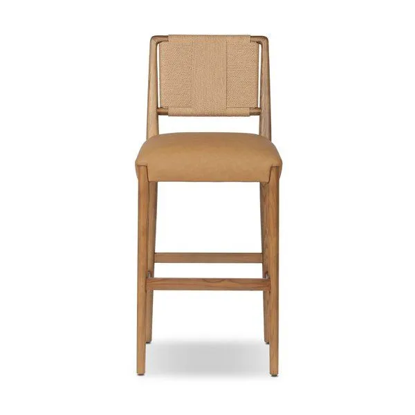 Warm wood frame bar stool with woven natural fiber back and soft tan upholstered seat