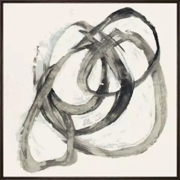 Evaluate II black and white abstract painting with bold swirling brushstrokes in a simple black frame
