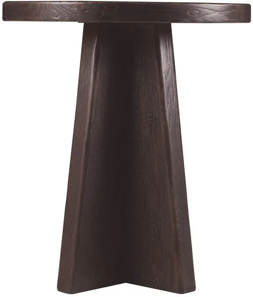 Driftwood Round End Table side view showing tapered pedestal base and wood grain texture