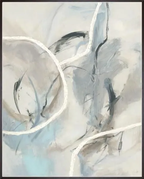 Abstract painting with soft blue, gray, beige swirls and hand-embellished texture inside espresso frame
