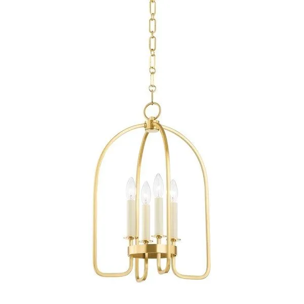 Oakville 4-light pendant lantern with curved aged brass frame and candle-style bulbs