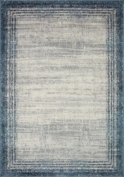Modern blue and gray rectangular rug with a subtle gradient and layered border pattern