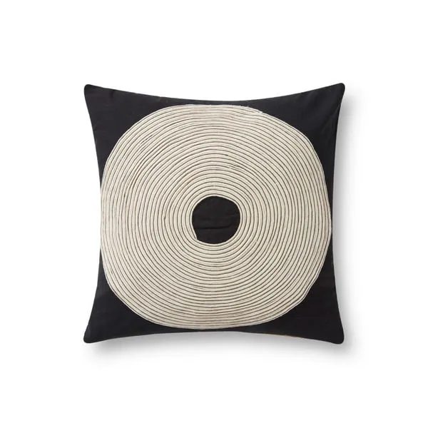 Square pillow with black background and a large concentric circular natural-colored embroidery in the center