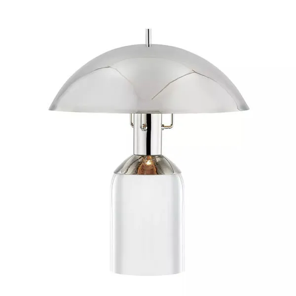 Large table lamp with a dome-shaped polished metal shade and clear cylindrical glass base