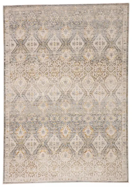 Hakeem rug with vintage Persian diamond motif in gray, cream, silver, and gold tones with a distressed look