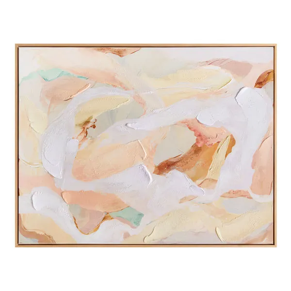 Solace framed painting with pastel abstract brush strokes in peach, cream, white, and light green hues with textured surface