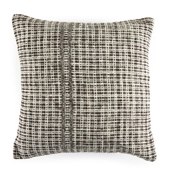 Square throw pillow with woven cotton and wool blend featuring an organic geometric stripe pattern in neutral tones