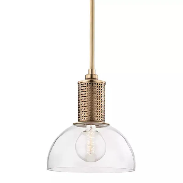 Halcyon 1 Light Pendant with clear glass dome shade and perforated metallic gold cylinder fixture suspended by gold rod