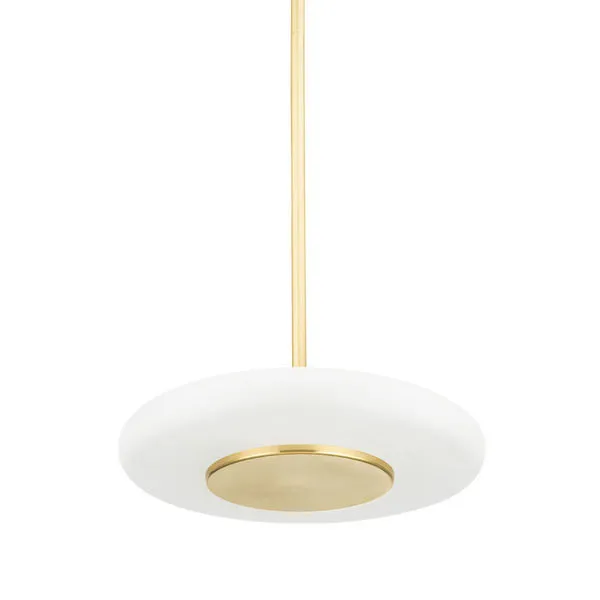 Small pendant light with aged brass finish and frosted white circular glass shade
