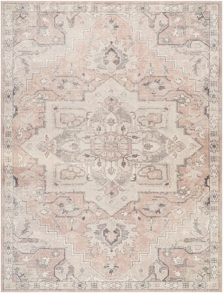 Elle Charcoal/Beige machine woven traditional rug with a central medallion and soft muted colors
