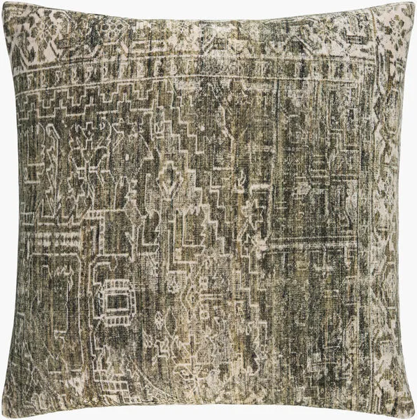 Square olive accent pillow with vintage rug-inspired intricate pattern in textured velvety cotton fabric