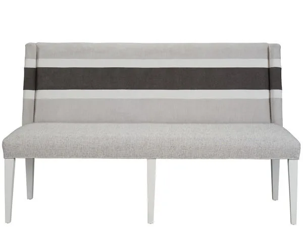 Peyton Banquette with gray fabric seat and backrest featuring a wide dark gray stripe flanked by two white stripes, on whi...