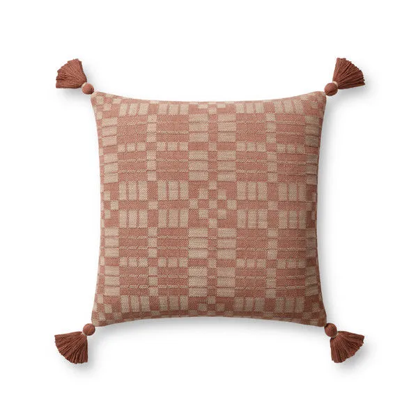 Square throw pillow in muted clay with geometric checkerboard pattern and tasseled corners