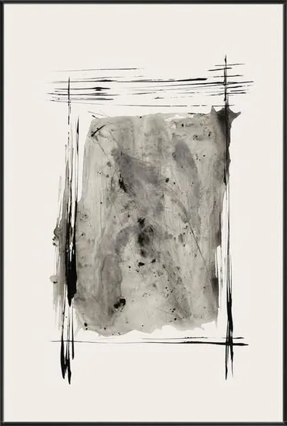 Abstract painting with bold black strokes framing a textured grey-toned center on a neutral background