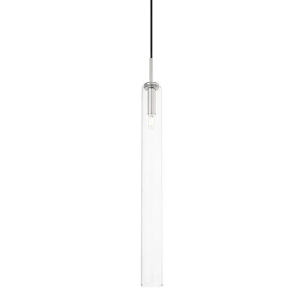 Nyah Large Polished Nickel Pendant Light with oversized clear tubular glass shade and aged brass socket