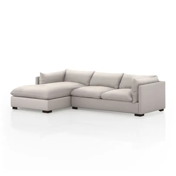 Stone-colored Westwood 2 Piece 112" sectional sofa with clean lines and espresso-finished banak base, left arm-facing
