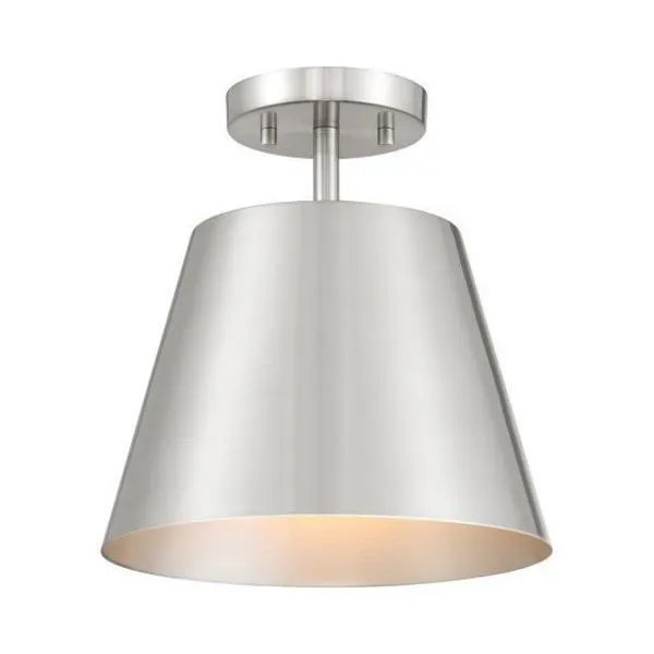 1-light ceiling semi-flush mount with brushed nickel solid metal shade and 10 inch width