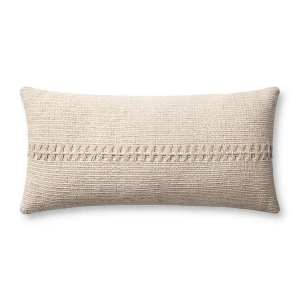 Elongated lumbar ivory throw pillow with a textured woven stripe in the center, 12 by 27 inches